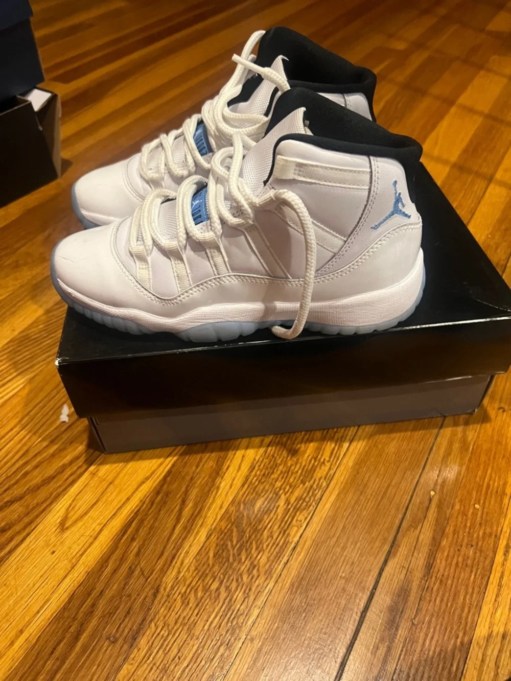 Jordan Kids White and Black High-Top Sneakers with Light Blue Jumpman - Picture 3 of 5